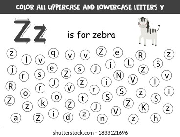 Learning English alphabet. Color all letters Z. Educational worksheet for school and kindergarten. Z is for zebra.