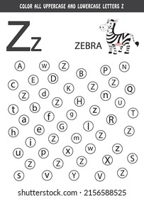 Learning English alphabet. Color all uppercase and lowercase letters z. Educational worksheet for school and kindergarten. kids activity book. Z is for zebra. colouring book