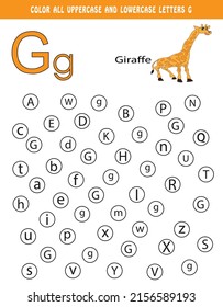 Englisches Alphabet lernen. Farbe aller Groß- und Kleinbuchstaben G. Lehrblatt für Schule und Kindergarten. Kinderaktionsbuch. G ist für Giraffe. Farbbuch