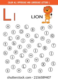 Learning English alphabet. Color all uppercase and lowercase letters L. Educational worksheet for school and kindergarten. kids activity book. L is for Lion. colouring book
