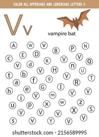 Englisches Alphabet lernen. Farbige alle Groß- und Kleinbuchstaben V. Unterrichtsblatt für Schule und Kindergarten. Kinderaktionsbuch. V ist für Vampirschläger. Farbbuch
