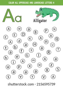 Englisches Alphabet lernen. Farbe aller Groß- und Kleinbuchstaben a. Lehrblatt für Schule und Kindergarten. Kinderaktionsbuch. A ist für Alligator. Farbbuch, süße Illustration