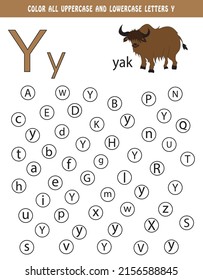 Englisches Alphabet lernen. Alle Groß- und Kleinbuchstaben Y streichen. Lehrblatt für Schule und Kindergarten. Kinderaktionsbuch. Z ist für Yak. Farbbuch