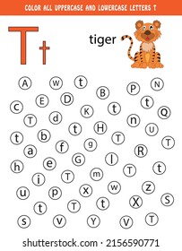 Aprendiendo alfabeto inglés. Color todas las letras mayúsculas y minúsculas T. Hoja de trabajo educativa para la escuela y el jardín de infancia. libro de actividades para niños. T es para tigre. libro de colores ilustración linda