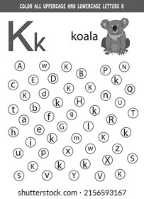 Aprendiendo alfabeto inglés. Color todas las letras mayúsculas y minúsculas K. Hoja de trabajo educativa para la escuela y el jardín de infancia. libro de actividades para niños. K es por koala. libro de colores ilustración linda