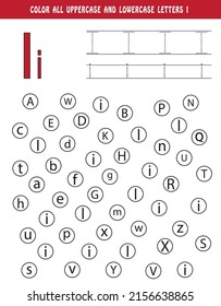Learning English alphabet. Colour all uppercase and lowercase letters I. Educational worksheet for school and kindergarten. kids activity book. tracing and colouring book