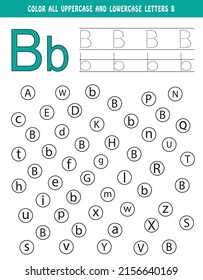 Learning English alphabet. Colour all uppercase and lowercase letters B. Educational worksheet for school and kindergarten. kids activity book. tracing and colouring book