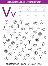 Learning English alphabet. Colour all uppercase and lowercase letters V. Educational worksheet for school and kindergarten. kids activity book. tracing and colouring book