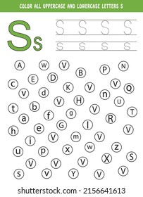 Learning English alphabet. Colour all uppercase and lowercase letters S. Educational worksheet for school and kindergarten. kids activity book. tracing and colouring book