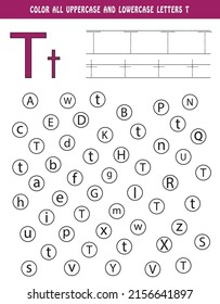 Learning English alphabet. Colour all uppercase and lowercase letters T. Educational worksheet for school and kindergarten. kids activity book. tracing and colouring book