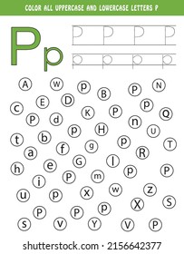 Learning English alphabet. Colour all uppercase and lowercase letters P. Educational worksheet for school and kindergarten. kids activity book. tracing and colouring book
