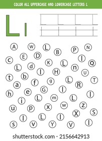 Aprendiendo alfabeto inglés. Color todas las letras mayúsculas y minúsculas L. Hoja de trabajo educativa para la escuela y el jardín de infancia. libro de actividades para niños. libro de seguimiento y coloreado