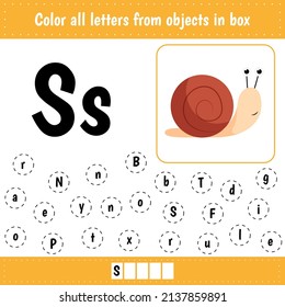 Learning English alphabet. Crossword. Color letters. Educational worksheet for school and kindergarten. Snail