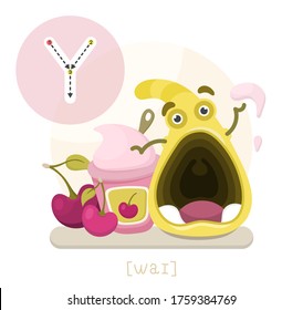 Learning the English alphabet. Funny cartoon character with yogurt and letter Y. The way to write a letter with phonetic transcription. Vector illustration