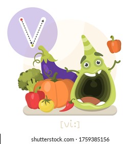 Learning the English alphabet. Funny cartoon character with vegetables and letter. The way to write a letter with transcription. Vector illustration