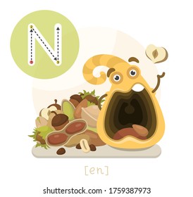 Learning the English alphabet. Funny cartoon character with nuts and letter. The way to write a letter with transcription. Vector illustration