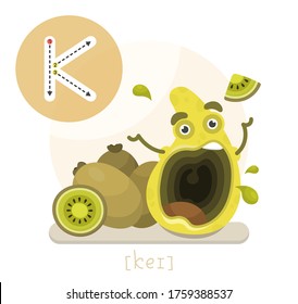 Learning the English alphabet. Funny cartoon character with kiwi and letter. The way to write a letter with transcription. Vector illustration