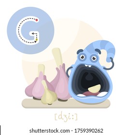 Learning the English alphabet. Funny cartoon character with garlic and letter. The way to write a letter with transcription. Vector illustration
