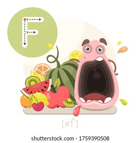 Learning the English alphabet. Funny cartoon character with fruits and letter. The way to write a letter with transcription. Vector illustration