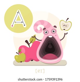 Learning the English alphabet. Funny cartoon character with apples and letter. The way to write a letter with transcription. Vector illustration