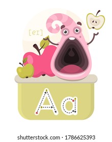 Learning the English alphabet. Funny cartoon character with apples and letter. The way to write a letter with transcription. Vector illustration