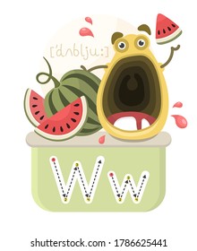 Learning the English alphabet. Funny cartoon character with watermelons and letter. The way to write a letter with transcription. Vector illustration