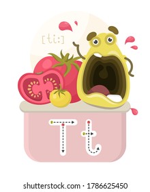 Learning the English alphabet. Funny cartoon character with tomato and letter. The way to write a letter with transcription. Vector illustration