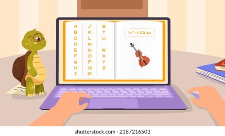 Learning English alphabet for kids. Letter V is violin. Digital educational card with musical instrument and word. Studying grammar. Language dictionary for children. Cartoon flat vector illustration