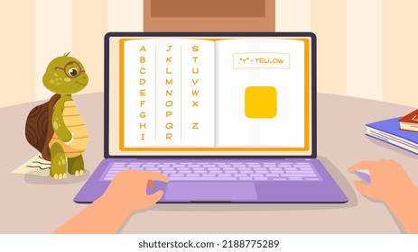 Learning English alphabet for kids. Letter Y is yellow. Educational digital card with color and word. Vocabulary and study. Language dictionary for preschool children. Cartoon flat vector illustration