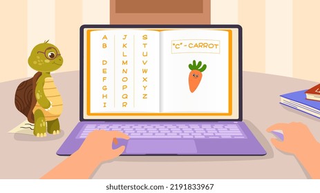Learning English alphabet for kids. Letter C is carrot. Educational poster with word and learning card. Studying at school. Language dictionary for preschool children. Cartoon flat vector