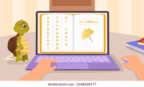 Learning English alphabet for kids. Letter U is umbrella. Digital book with words for school education. Remote study. Language dictionary for preschool children. Cartoon flat vector illustration
