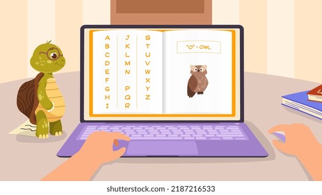 Learning English alphabet for kids. Smart turtle with glasses tells student about letters and words. O is owl. Education and study. Language dictionary for children. Cartoon flat vector illustration