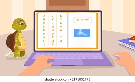 Learning English alphabet for kids. Turtle teacher or professor talks about letters and words on laptop screen. X is xray. Language dictionary for preschool children. Cartoon flat vector