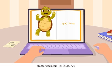Learning English alphabet. Letter I is ice. Banner with turtle teacher for school learning language and grammar. Pupil listening to online lesson. Education and study. Cartoon flat vector