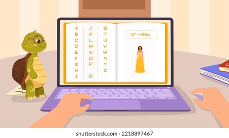 Learning English alphabet. Letter Q is queen. Vocabulary and grammar. Turtle conducts online lesson and talks about words. Language dictionary for preschool children. Cartoon flat vector illustration