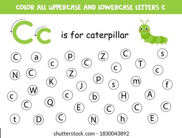 Learning English alphabet. Letters recognition. Color all letters Cc. Educational worksheet for school and kindergarten.  C is for caterpillar.