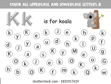 Learning English alphabet. Letters recognition. Color all letters K. Educational worksheet for school and kindergarten. K is for koala.