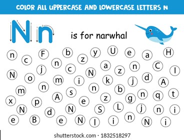 Learning English alphabet. Letters recognition. Color all letters N. Educational worksheet for school and kindergarten. N is for narwhal.