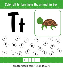 Learning English alphabet. Letters recognition.  Educational worksheet for school and kindergarten. T is for turtle.