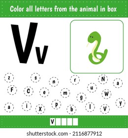 Learning English alphabet. Letters recognition. Color all letters Vv. Educational worksheet for school and kindergarten. V is for viper.