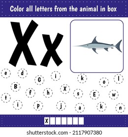 Learning English alphabet. Letters recognition. Color all letters Xx. Educational worksheet for school and kindergarten. X is for xiphias.