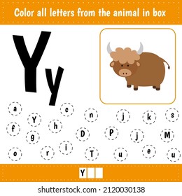 Learning English alphabet. Letters recognition. Color all letters Yy. Educational worksheet for school and kindergarten. Y is for yak.