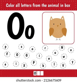 Learning English alphabet. Letters recognition. Color all letters Oo. Educational worksheet for school and kindergarten. O is for owl.