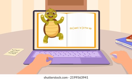 Learning English alphabet. Preschooler watching webinar on laptop and listening to turtle professor. Learning language and words. Letter Z is zip. Education and study. Cartoon flat vector illustration