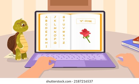 Learning English alphabet. Smart turtle professor leads remote lesson and talks about words on laptop screen. Letter R is rose. Language dictionary for children. Cartoon flat vector illustration