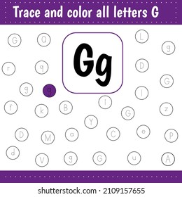 Learning English alphabet. Woksheets for for school and kindergarten. .Letters recognition. Color all letters Gg. Educational worksheet
