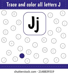 Learning English alphabet. Woksheets for for school and kindergarten. .Letters recognition. Color all letters Jj. Educational worksheet
