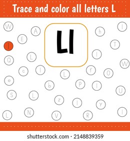 Learning English alphabet. Woksheets for for school and kindergarten. .Letters recognition. Color all letters Ll. Educational worksheet