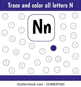 Learning English alphabet. Woksheets for for school and kindergarten. .Letters recognition. Color all letters Nn. Educational worksheet