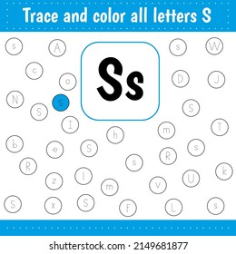 Learning English alphabet. Woksheets for for school and kindergarten. .Letters recognition. Color all letters Ss. Educational worksheet